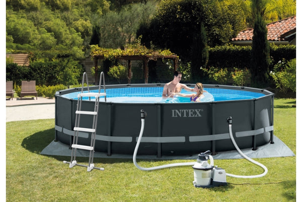 Intex Ultra Rondo XTR Frame Pool Set Ø 549 x 132 cm inkl. Sandfilteranlage, Leiter und Abdeckplane, Grau (26330GN)