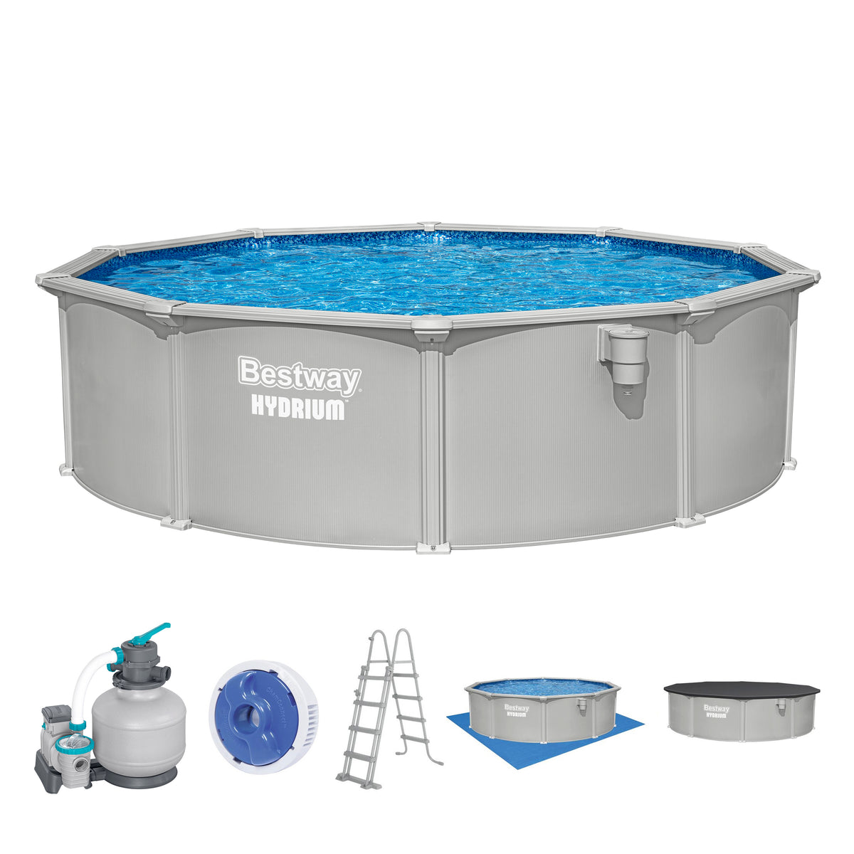 Bestway Hydrium Stahlwandpool Komplett-Set Ø 460 x 120 cm mit Sandfilteranlage, granitgrau, rund, winterfest (56384)